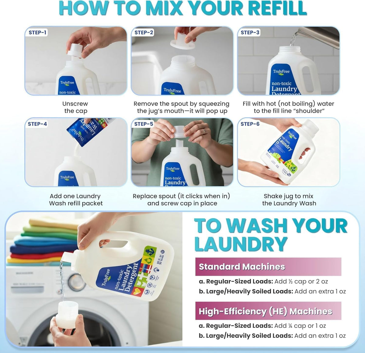 Truly Free Natural Laundry Detergent - 3 Pack + 1 Refillable Jug, 150 Loads