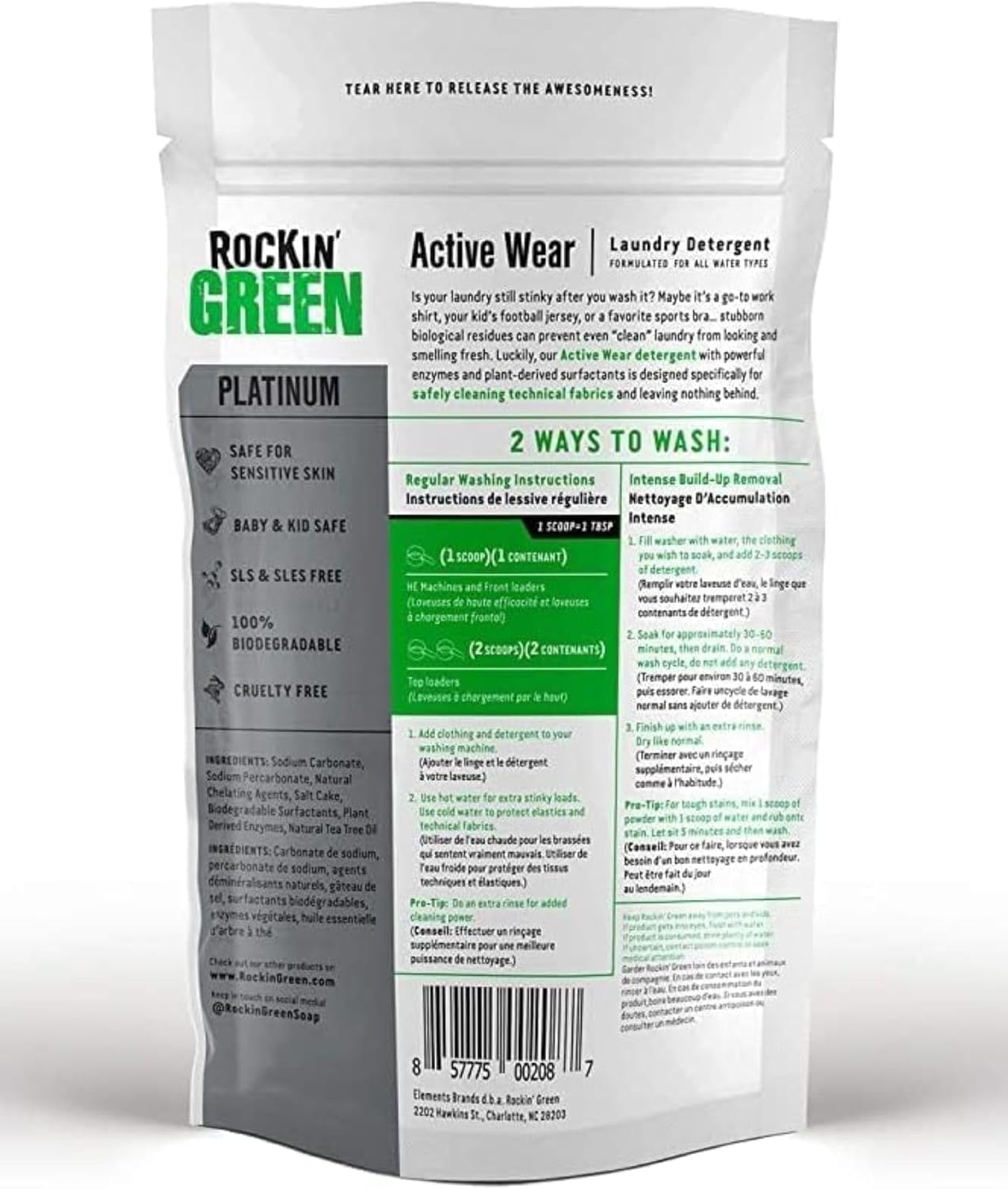 Rockin’ Green Active Wear Laundry Detergent - Unscented Laundry Detergent Powder & Odor Eliminator - Workout Clothes & Sportswear - Safe for Sensitive Skin - 90 Loads