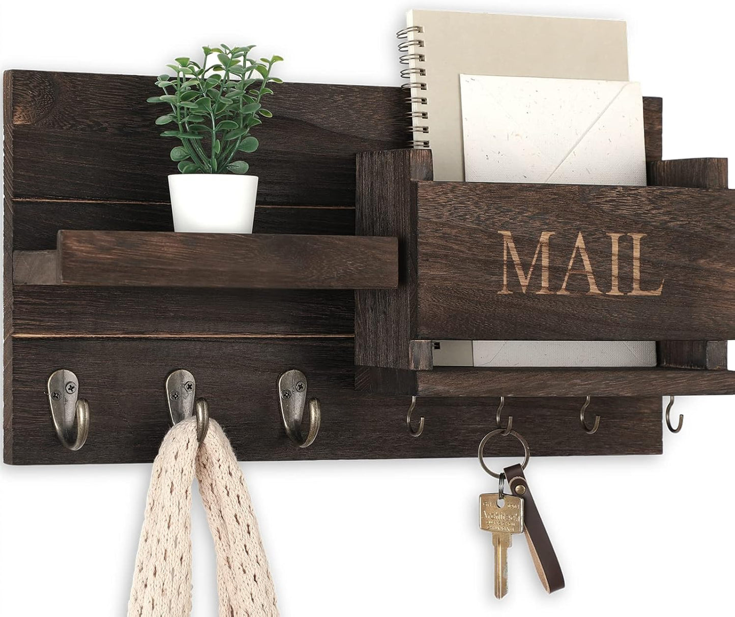 Lwenki Mail Organizer for Wall Mount – Key Holder with Shelf Includes Letter Holder and Hooks for Hallway Farmhouse Decor – Rustic Wood with Flush Mounting Hardware (16.5” x 9.1” x 3.4”) (Brown)
