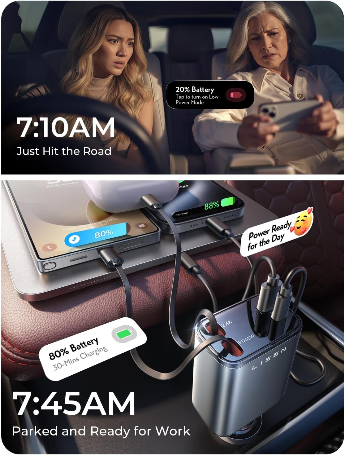 LISEN Retractable Car Charger, 84W Car Charger USB C Fast Charger Adapter for iPhone, Car Accessories for Men Women, Gifts for Fathers Day for Men Dad Husband, for iPhone 17 16 15 14 13 12 11 Samsung