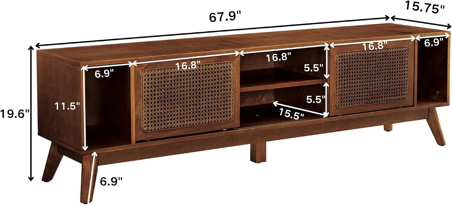 LKTART 68" Mid Century Modern TV Stand,Rattan Media Console for Living Room | Real Wood Veneer Entertainment Center,Long Boho Media Console Mid Century TV Stand for 60/65/70/75 inch TVS,Light Walnut