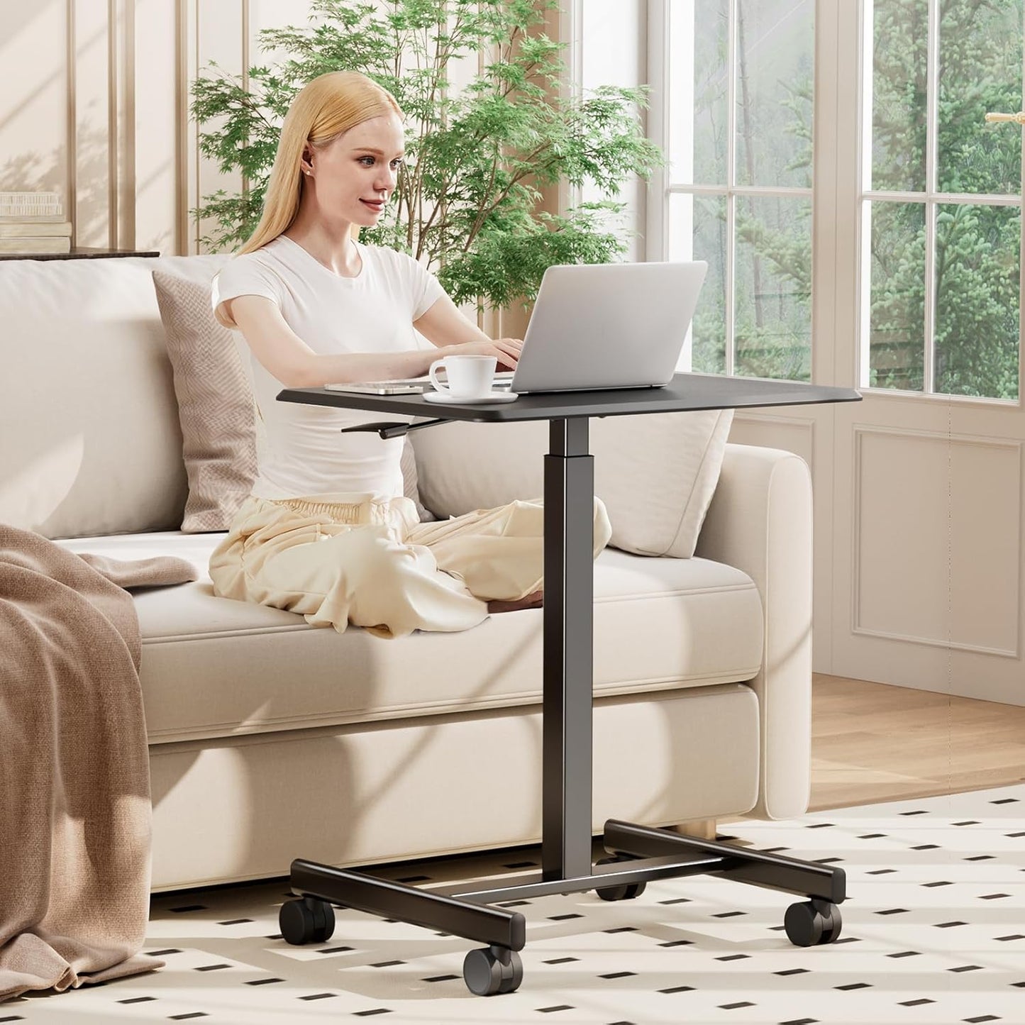 DUMOS Small Rolling Desk Mobile Standing Portable Laptop PC Table with Wheels Adjustable Height Computer Workstation for Home Office, Compact Small Space, Easy Assembly, Modern Black