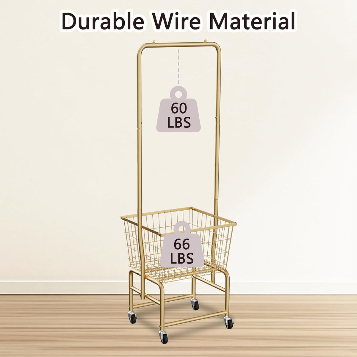 Rolling Laundry Cart with Wheels, Laundry Hamper Basket Organizer with Clothes Hanging Rack, Wire Storage Cloth Shelf Butler, Golden