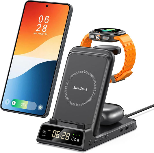 Charging Station for Samsung Phone, Watch & Buds, SwanScout 703S (Black) | Foldable for Travel, Not for Samsung Watch 9/Ultra 2, Works on Nightstand or Desk, Built-in Clock, Adapter Not Included