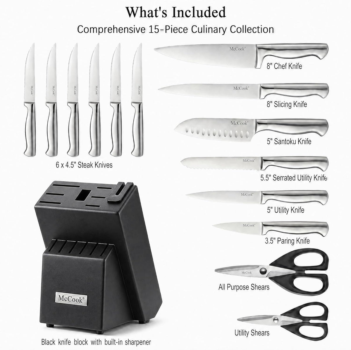 McCook® Knife Sets, German Stainless Steel Knife Block Sets with Built-in Sharpener, 15 Piece Chef Knife and More, Razor Sharp, Restaurant Grade, Anti-Rust, Elegant Box for Gift