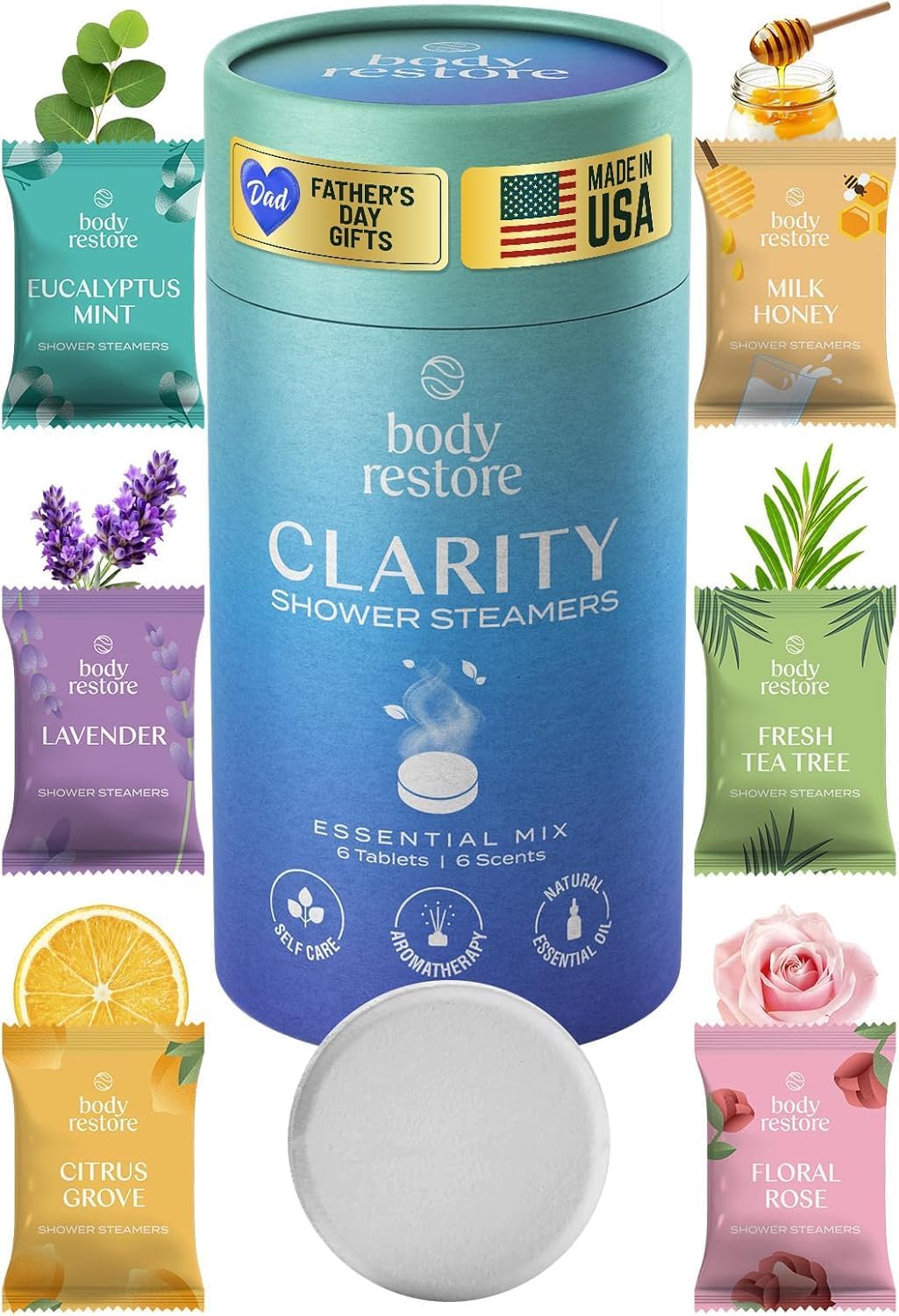Body Restore Shower Steamers Aromatherapy 6 Pack – Fathers Day Gift for Dad, Birthday Gifts for Women & Men, Spa Stress Relief & Relaxation Self Care Gifts – Premium Clarity Essential Oil Tablets