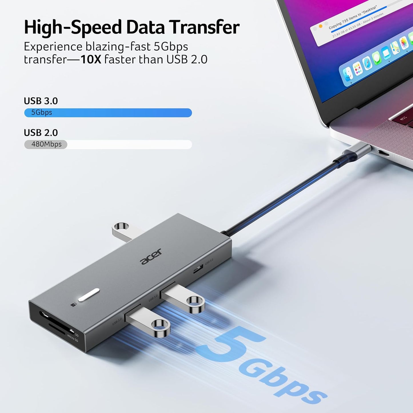 Acer USB C Docking Station Dual Monitor With 2 HDMI, 9-IN-1 Laptop Docking Station with 4K@60Hz HDMI, USB A&C 3.0, SD/Micro SD, 100W PD, USBC Dock Compatible with Acer/Dell XPS/HP/Mac/Surface (0.65FT)