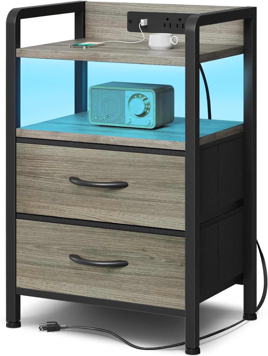 Lazzanto Night Stand Bedside Charger Bedroom - Grey Nightstand with Charging Station & LED Light Strip, Morden End Table with USB Ports & AC Outlets, Night Stand with Storage Shelf & 2 Fabric Drawers