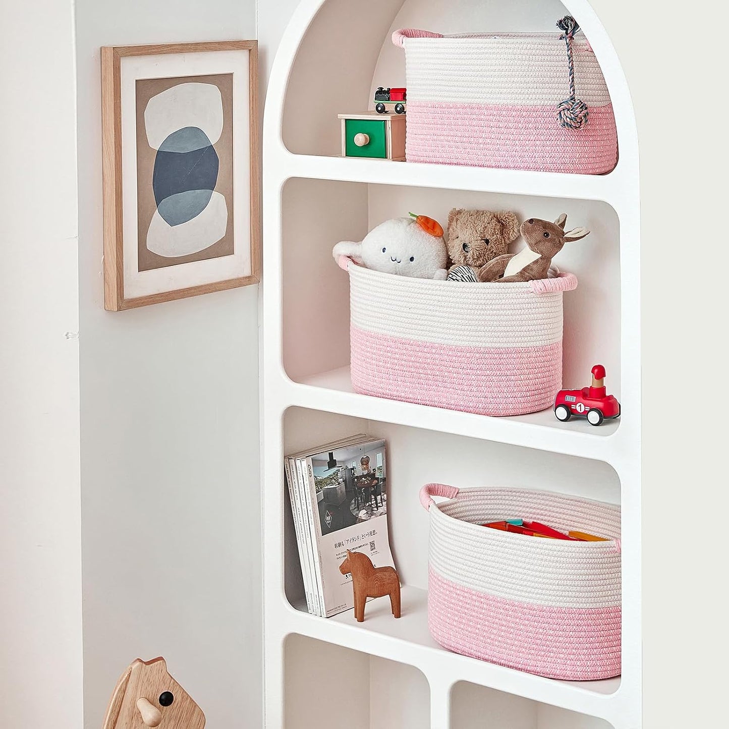 R RUNKA Storage Baskets for Organizing | 15"x10.2"x9.1" - 1 Pack Nursery Bin with Handles - Woven Cotton Rope Baskets for Dog Toys, Books, Shelf, Bathroom,Closet -Pink Basket for Girls