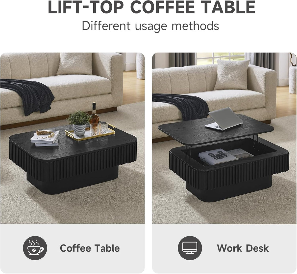 Lift Top Coffee Table for Living Room,Rectangle Handmade Solid Wood Strips, Fluted Coffee Table with Hidden Storage Compartment for Small Space Office Apartment (38.6"L×26.8''W×13.8''H-Black)