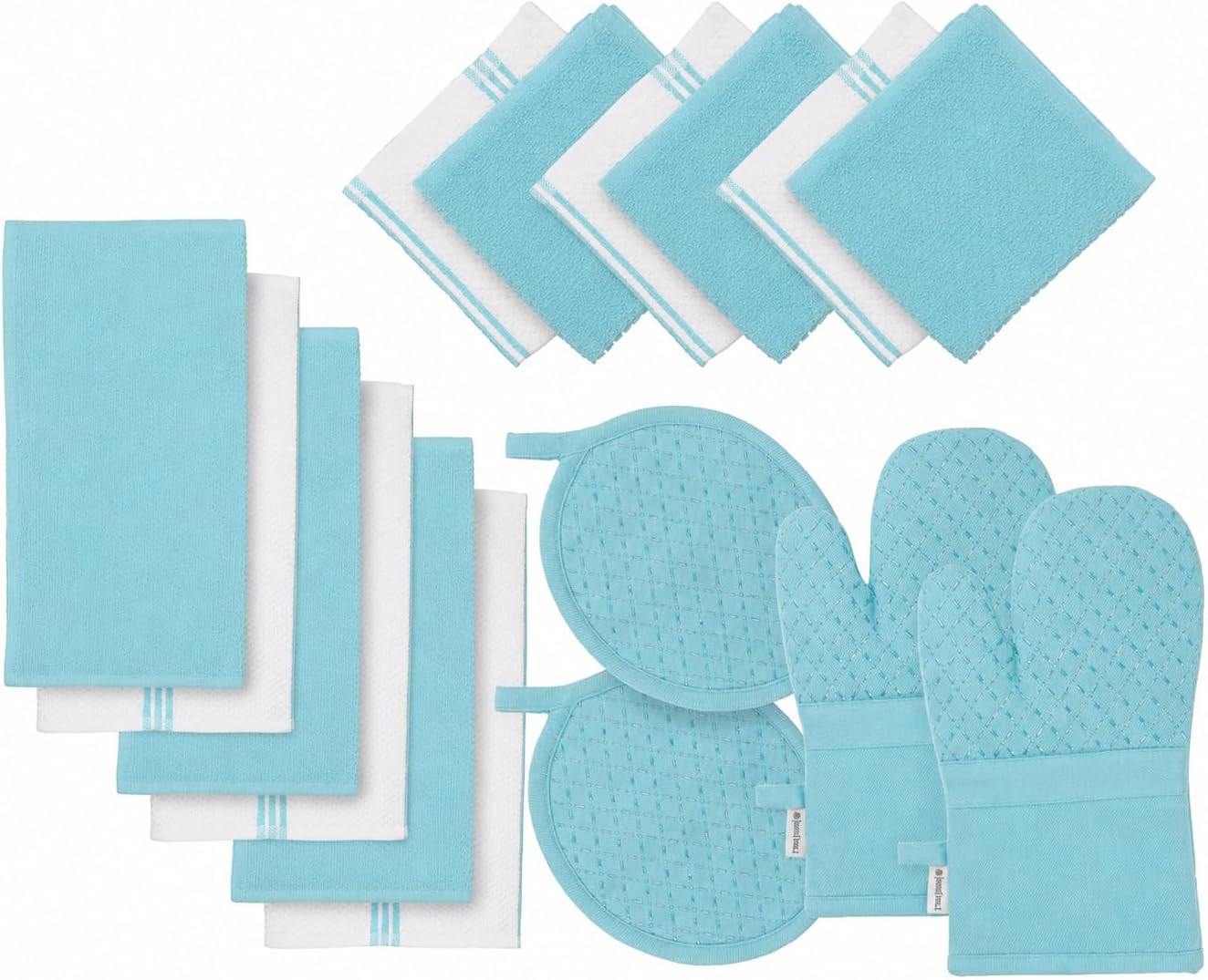 Lane Linen 16Pc Kitchen Towel Set - Heat Resistant Oven Mitts & Pot Holders, Reusable Dish Cloths, Absorbent Hand Towels - Aqua
