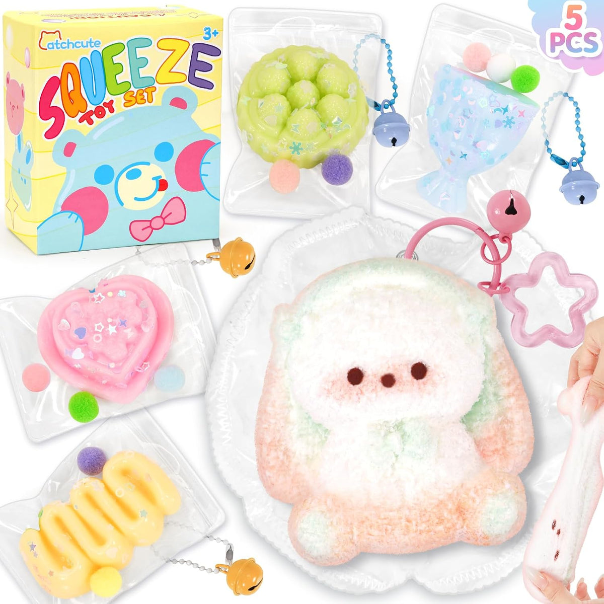 CatchCute Squishies Toys Set 5PCS, Squeeze Toys Stuffed Bunny Cake Dessert Flower Sensory Fidget Toys for Anxiety Relief, Desk Sticky Toys Party Favors Birthday for Boys and Girls
