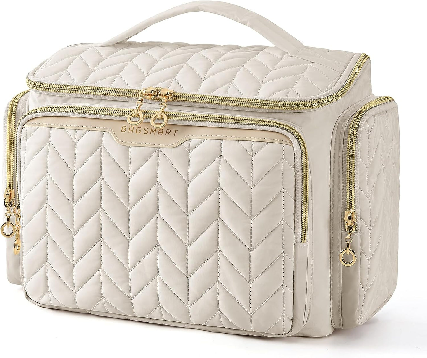 BAGSMART Travel Toiletry Bag, Large Wide-open Travel Bag for Toiletries, Makeup Cosmetic Travel Bag with Handle-Beige