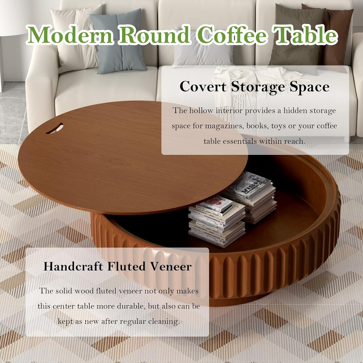 39.37" Round Drum Coffee Table with Storage (A 39.37in)