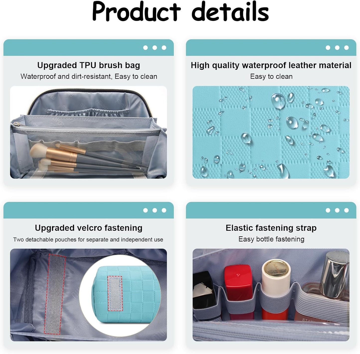 BOYATU Checkered Travel Makeup Bags: Vacation-Ready Light Blue Large Capacity Cosmetic Bag for Women - 3 Pcs Set Toiletry Organizer with Waterproof Leather - Easy to Clean Beach Trip Essential