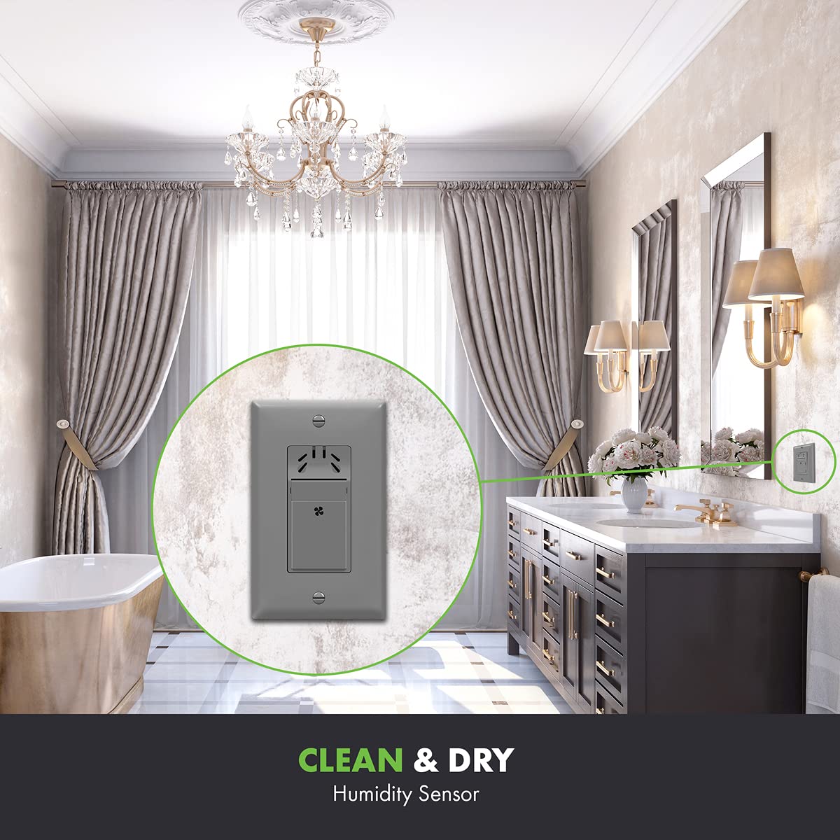 TOPGREENER Humidity Sensor Switch for Ventilation Fan, Air Moisture Detection, Bathroom Fan Automated Control, Neutral Wire Required, UL Listed, TDHS5, Gray