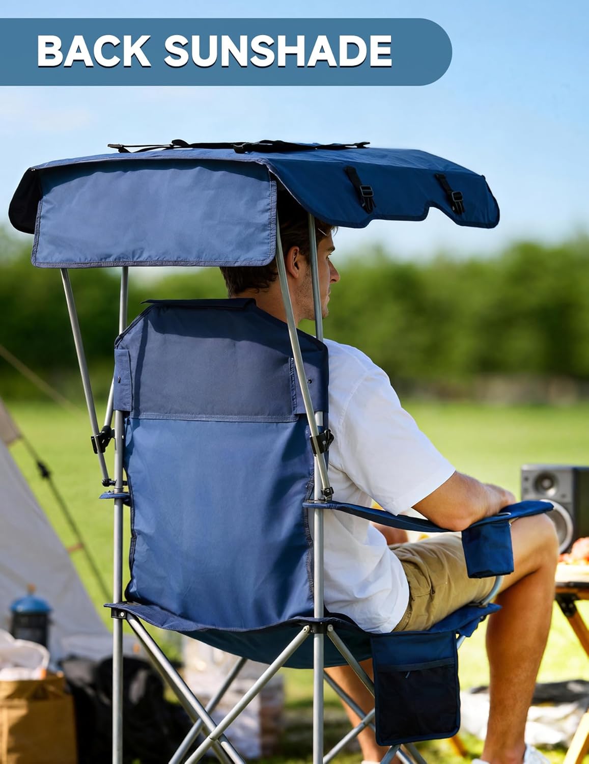 East Oak Camping Chair with Canopy | 25" High Back Folding Beach Chair with Canopy Shade, Supportive Headrest, Cup Holder, Side Pocket, 330 lbs Canopy Chairs for Outdoors Sports