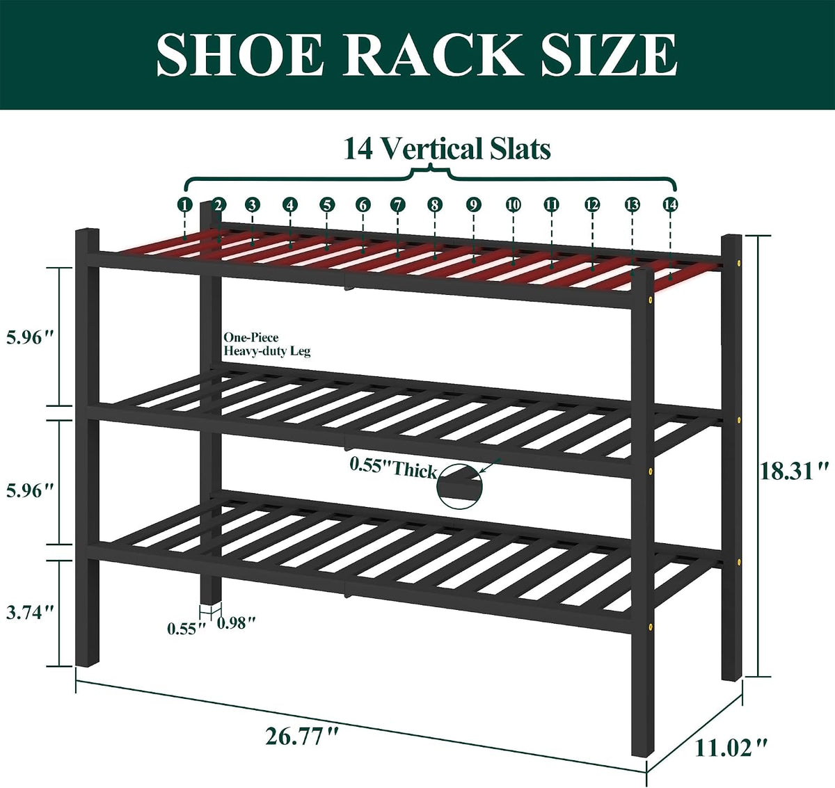 Smiry Bamboo Shoe Rack for Closet, 3 Tier - 26.77" Wide, Black
