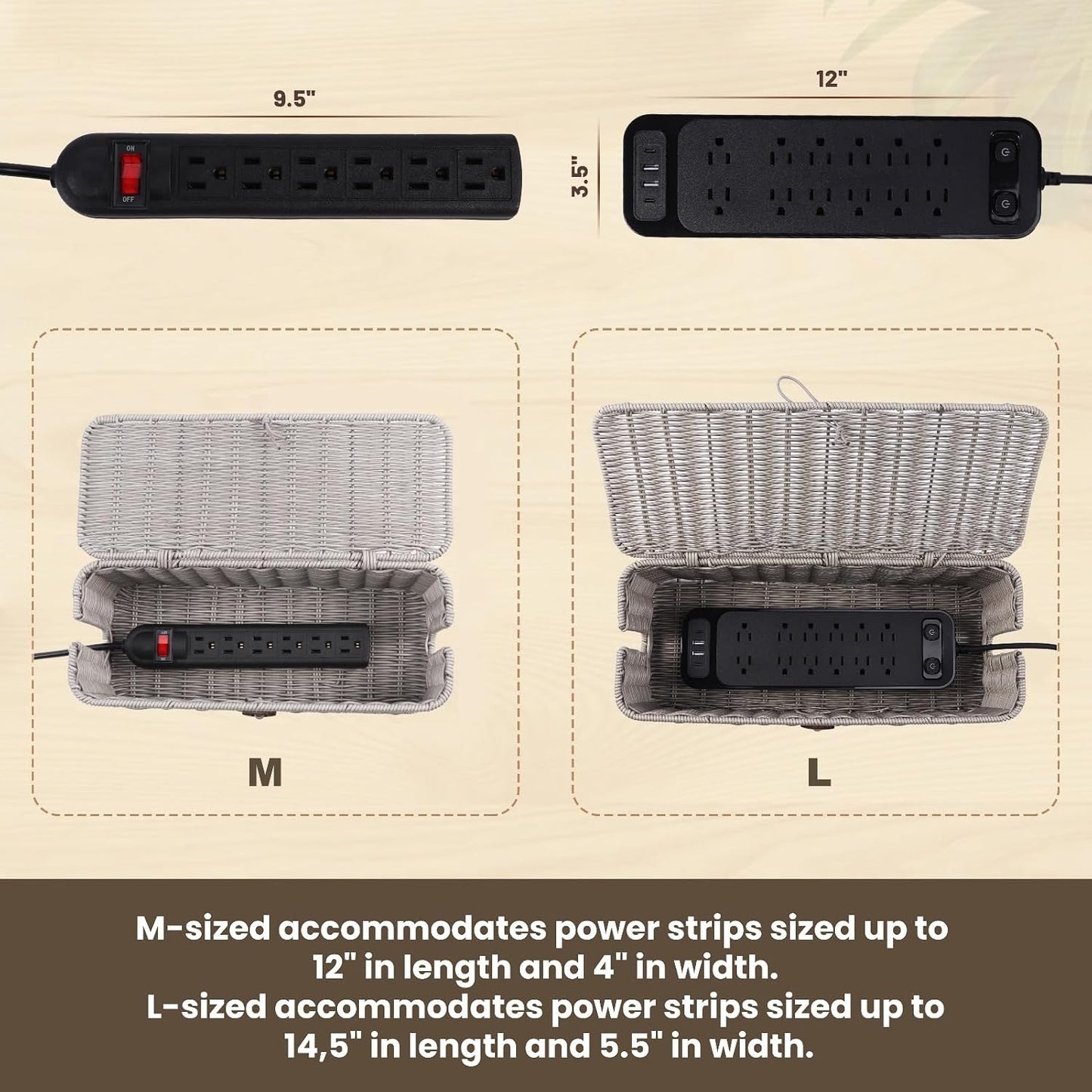 Cable Management Box, Cord Organizer with Lid & Cable Ties - Gray Set | Handmade Open Slots Cord Hider Outlet Covers for Power Strip TV PC Router Charger Under Desk Storage
