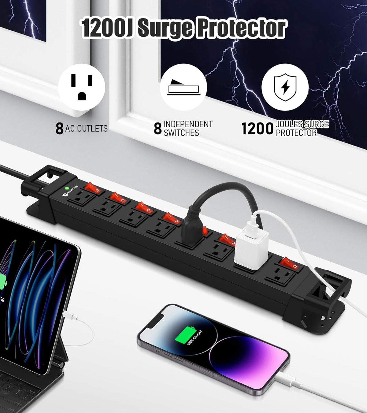 HEZI Heavy Duty Power Strip with 8 Outlets,1200J Surge Protector,Black,6FT