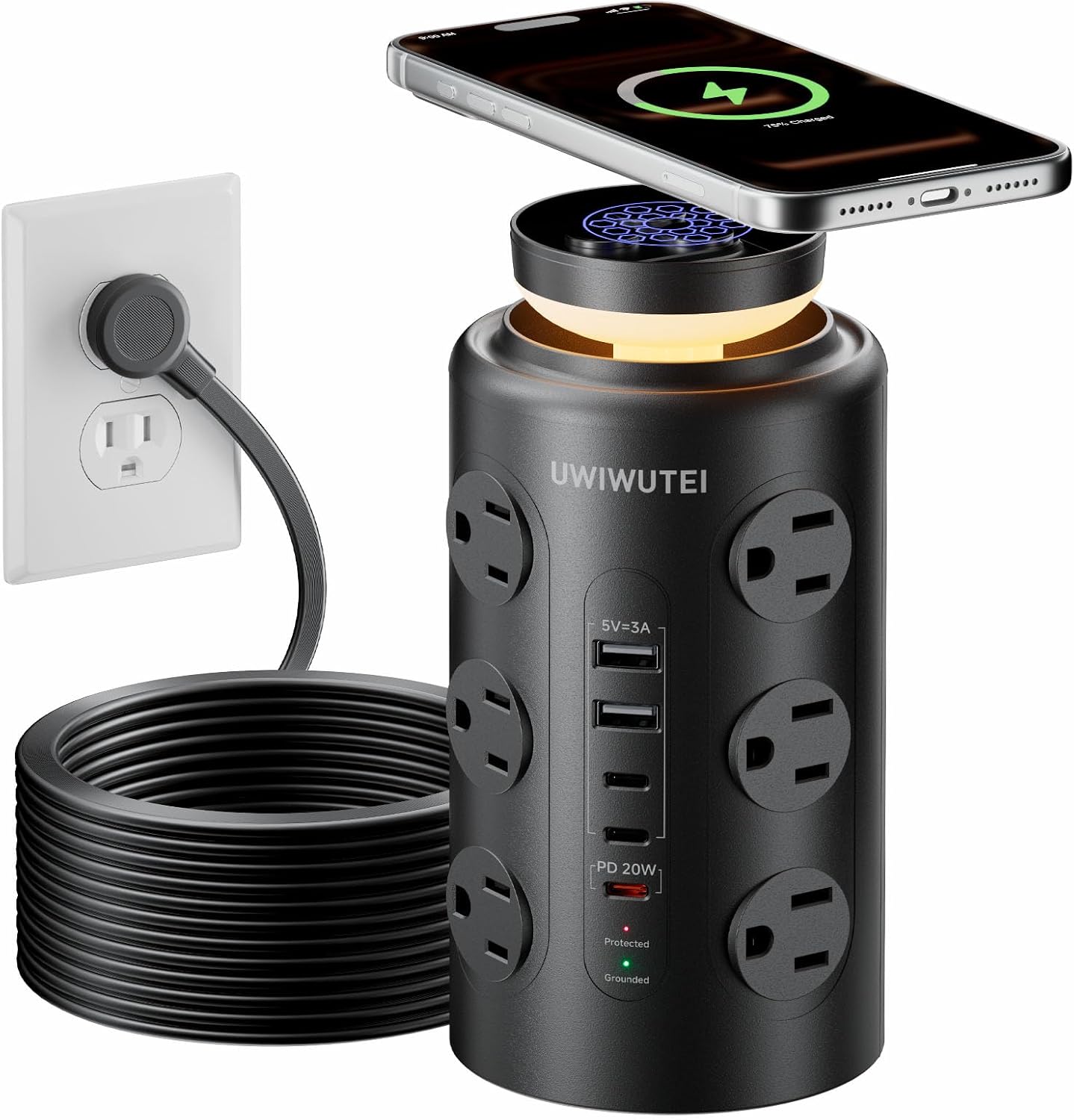 Tower Power Strip Surge Protector with 16 Outlets and 5 USB Ports (2 USB-C), 6FT Extension Cord with Multiple Outlets,Heavy Duty Charging Station,Home Office Dorm Room Essentials. No Wireless Charging