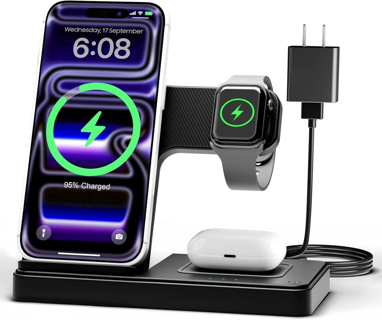 Wireless Charger iPhone Charging Station: 3 in 1 Charger Stand Multiple Devices for Apple - iPhone 17 16e 16 15 14 Pro Max 13 12 11 - Watch 11 10 9 8 7 6 5 4 3 2 SE and Ultra Series - Airpods 4 3 Pro