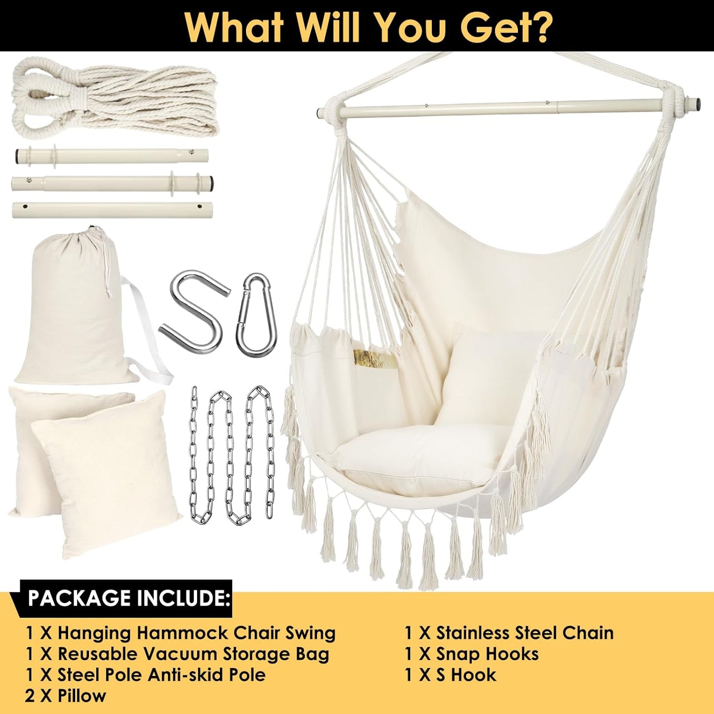 Y- STOP Hammock Chair Hanging Rope Swing, Max 500 Lbs, 2 Cushions Included, Large Macrame Hanging Chair with Pocket for Superior Comfort, with Hardware Kit (Beige)