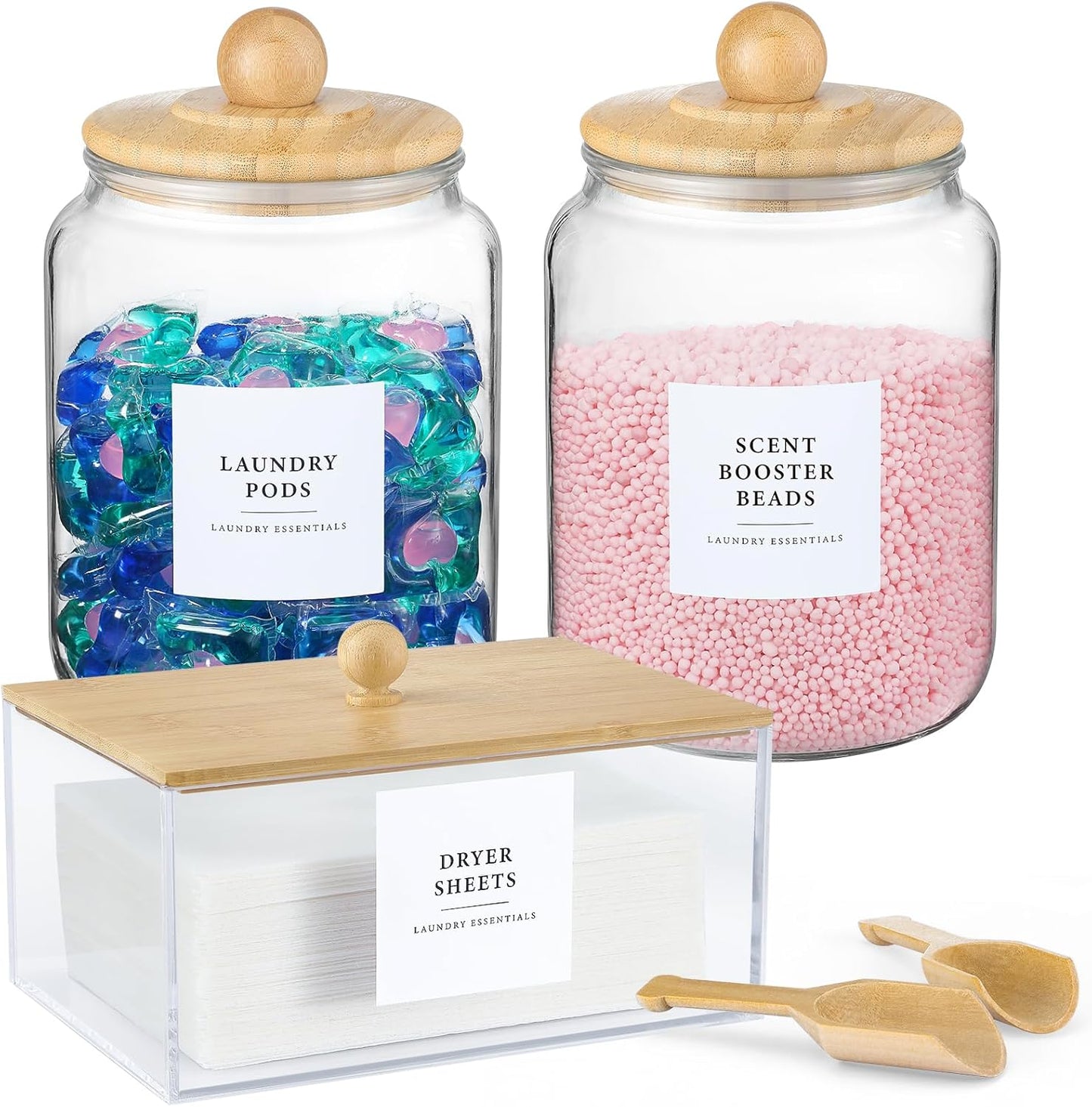 Glass Jars and Dryer Sheet Holder, Dispenser Set with Lids and Labels, Containers for Laundry Room Organization and Storage, Half Gallon Airtight Glass jars, Acrylic Storage Box for Laundry supplies,