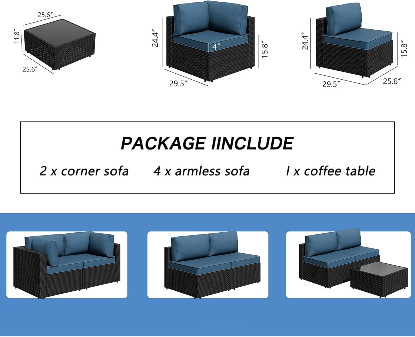7 Pieces Outdoor Patio Sectional Sofa Couch, Wicker Furniture Patio Conversation Sets with Washable Cushions & Coffee Table for Garden, Poolside, Backyard
