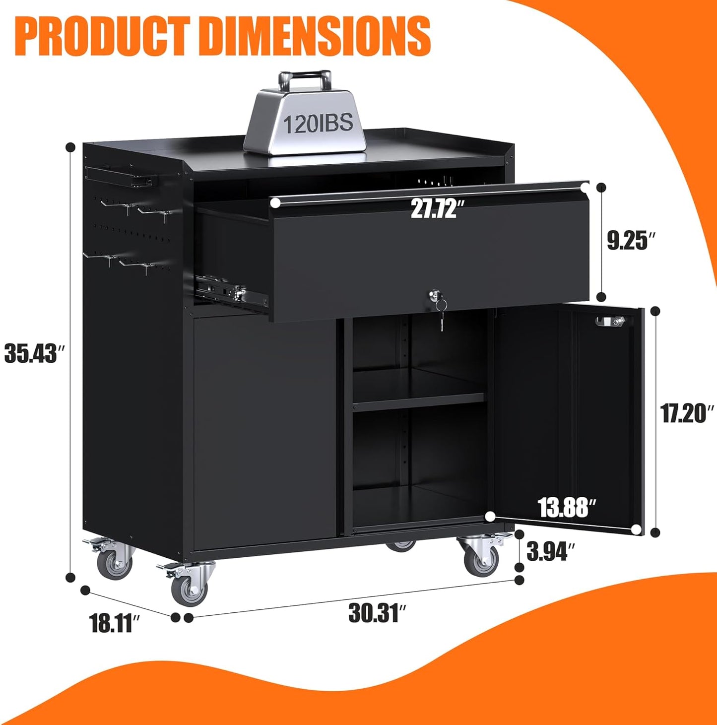 Aobabo Metal Garage Cabinet on Wheels with 1 Drawer,Assembly Required | 18.11"D x 30.31"W x 35.43"H with pegboard, 4 hooks, lockable drawer and doors, adjustable shelf, handle, and 4 casters