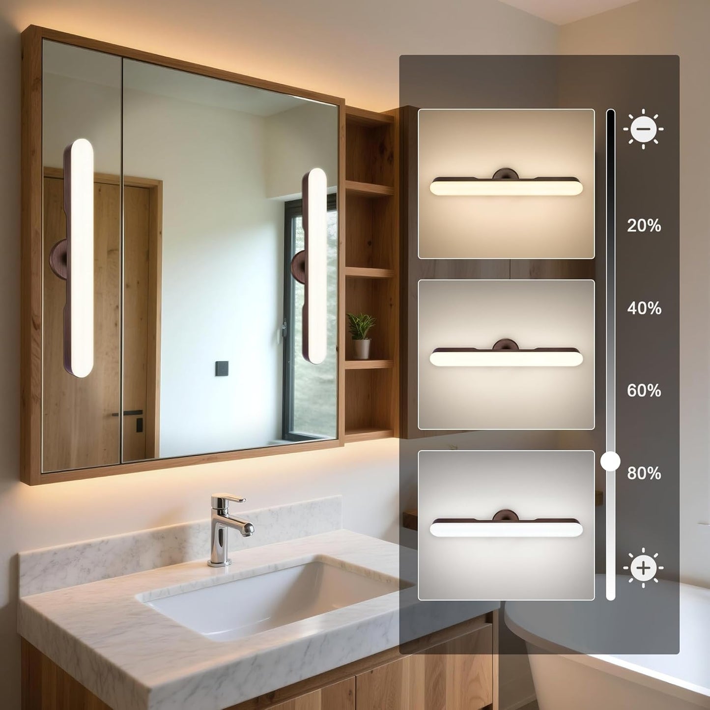 cambk Set of 2 Wireless Vanity Makeup Lights for Mirror, Rechargeable LED Stick On Light Bar for Bathroom Mirror with Dimmable 3 CCT, Long Battery Life Cordless Light for Vanity Desk(Dark Brown)