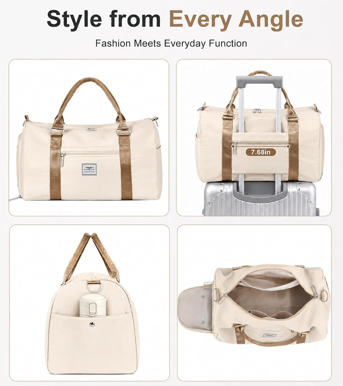 FIORETTO Womens Gym Tote Duffle Bag with Wet Pocket & Shoe Compartment, Sports Duffel Overnight Weekender Hospital Workout Carry on Bag for Girls, Ideal for Travel, Swimming, Dance, Ballet Beige