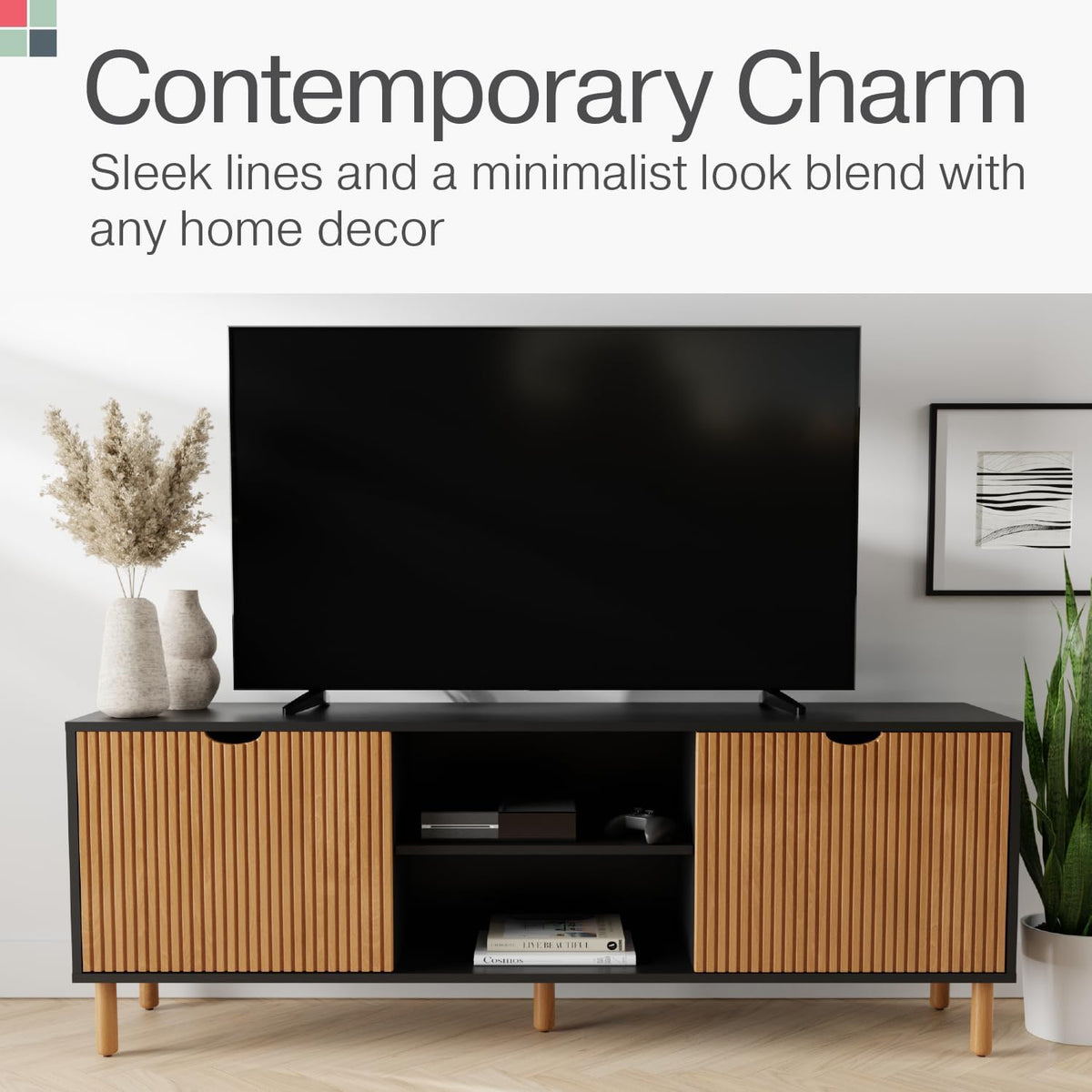 Stead Modern Fluted TV Stand & Media Console - 70-Inch, Fluted Black & Oak - Entertainment Center for 32-80-Inch Screens with Soft-Close Doors & Cord Management