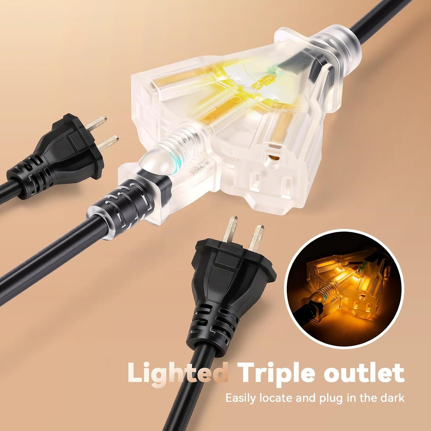 Retractable Extension Cord Reel, 50FT Heavy Duty Power Cord for Garage Workshop, 14AWG/3C SJTOW Cord Reel, UL Listed, Security Lock, 13A Circuit Breaker, 3-Lighted Triple Outlets, 180°Swivel Bracket