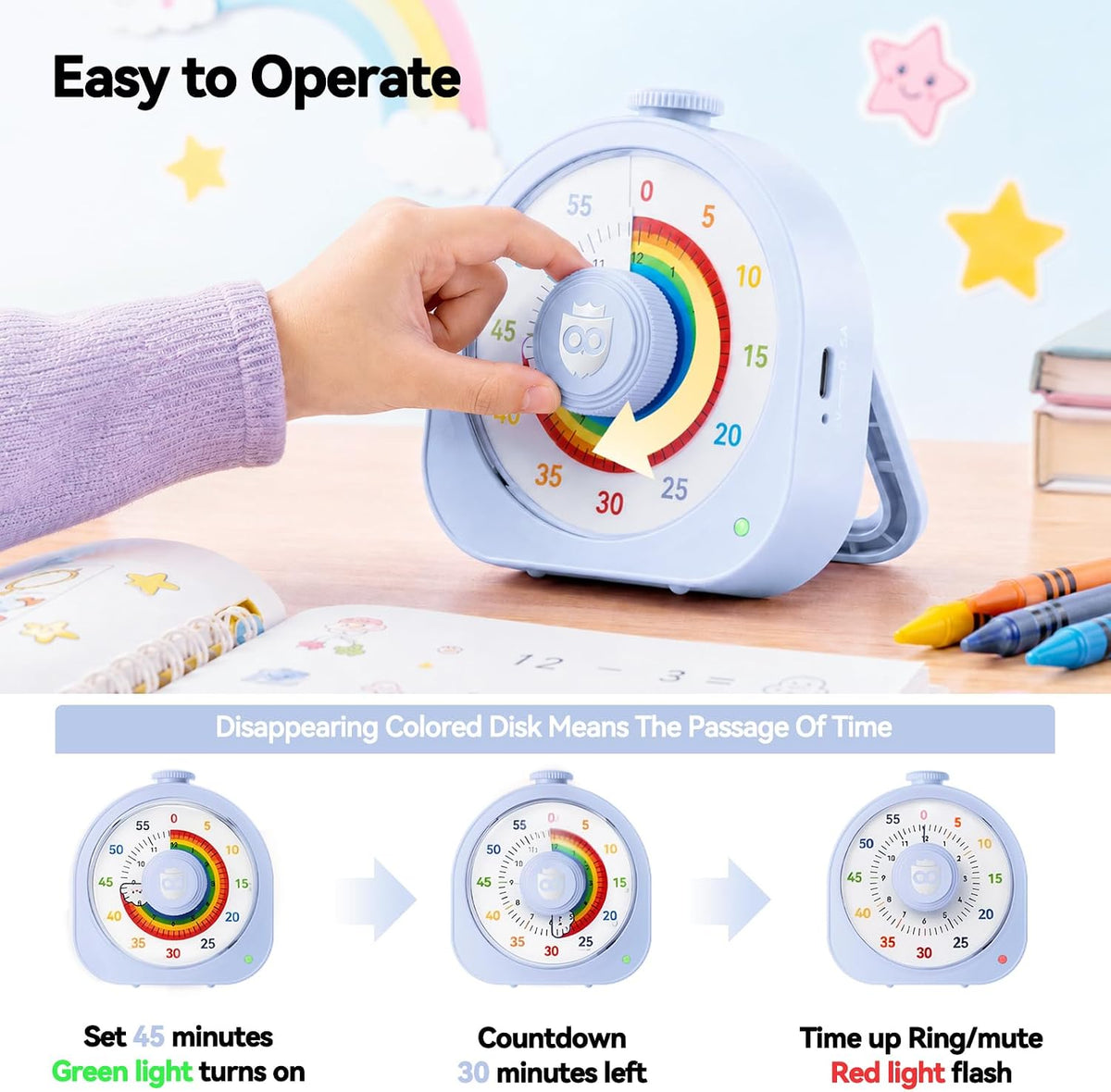 Kids Timer with Rainbow Visual Disk, Rechargeable Timer for Classroom Office Kitchen with Magnetic Sticker, 60 Min/12Hr Silent Countdown Timers Management Tool for ADHD & Autism