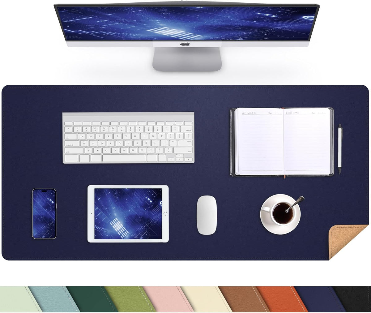 AFIING Desk Mat, Blue, 35.4" x 17", Cork Desk pad Protector