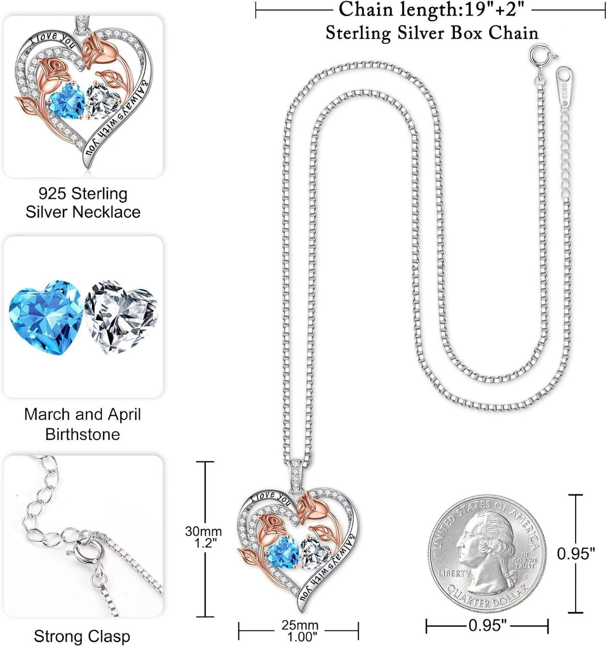 Iefil Birthstone Necklace for Women - Rose Heart Necklace