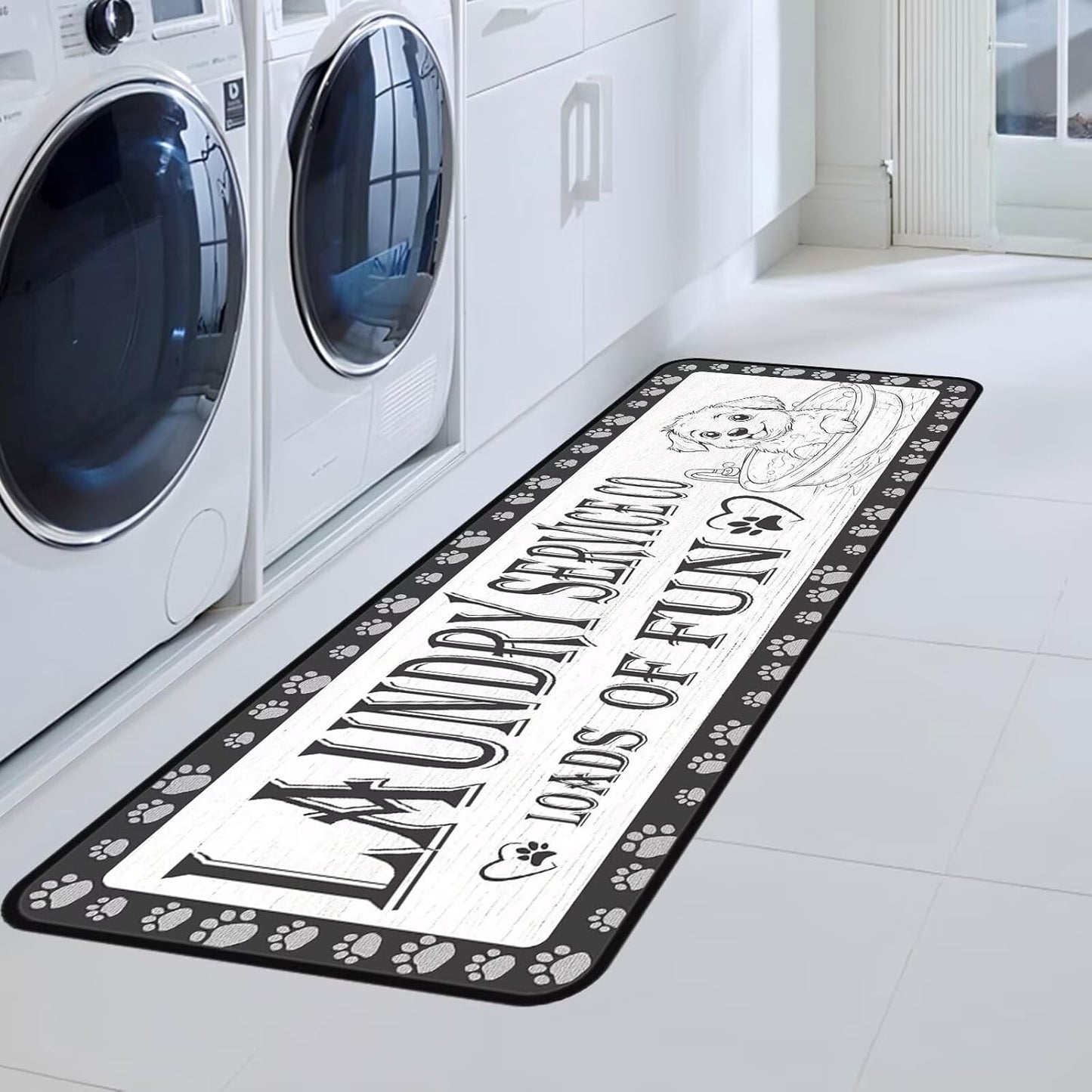 Dog Paw Laundry Room Rug Runner 20"x47" Gray, Non Slip Rubber Backing, Machine Washable Floor Mat for Laundry, Bathroom, Entryway, Mudroom