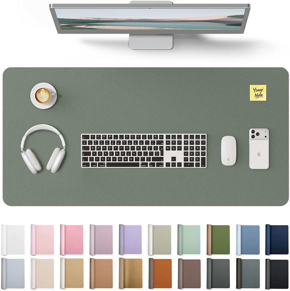 YSAGi Leather Desk Protector, Office Mat, Large Mouse Mat, Non-Slip PU Leather Blotter, Laptop Desk Pad, Waterproof Writing Pad for Office and Home (Dark Green, 35.4" x 17")
