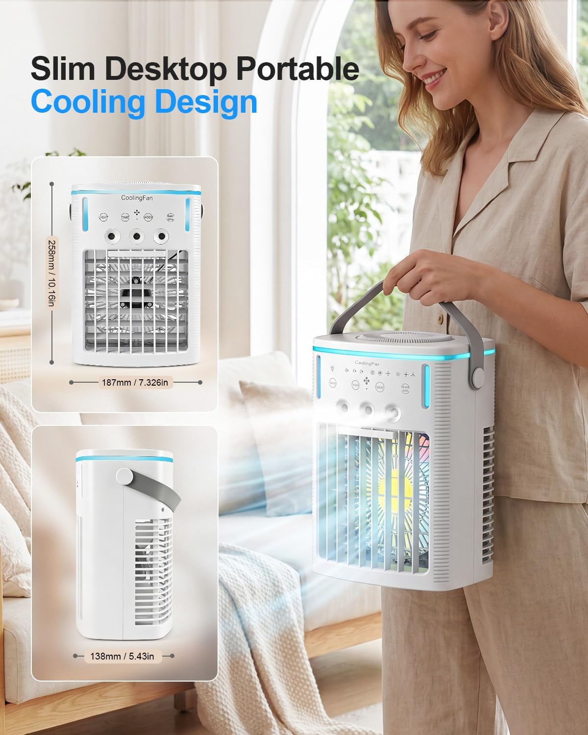 Portable Air Conditioners, Ultra-Quiet Mini AC Fan with 2-4-8H Timer, Remote Control, 3 Speed & Cool Mist, 3 Ultrasonic Nozzles, 7 Color Light, 1000ml Personal Evaporative Air Cooler for Office, Room