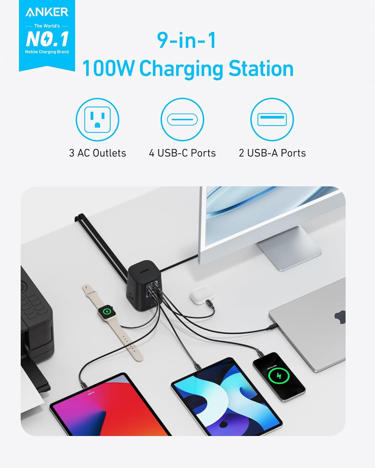 Anker Desktop Charger, 9-in-1 Power Strip with 300J Surge Protector, 5ft Flat Plug Extension Cord with Multiple Devices, 100W USB C Charger with 3 AC, 2 USB A, 4 USB C, Home Office, Desk Accessories