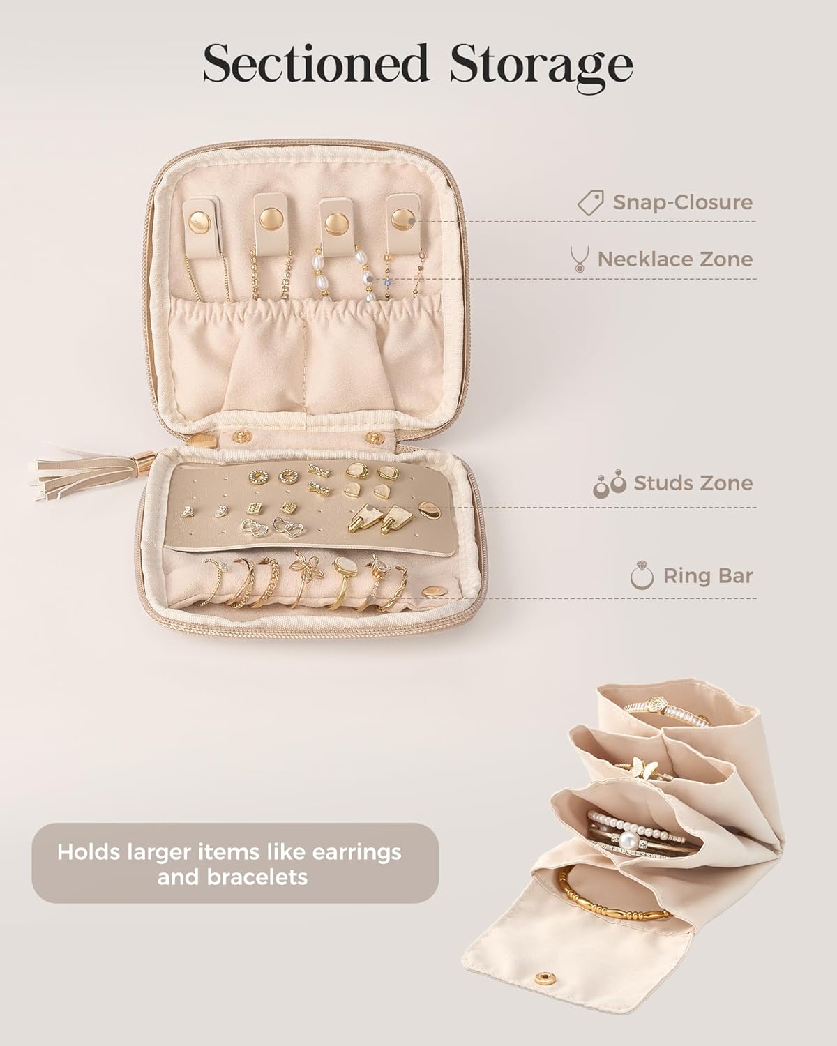 Lolalet Travel Jewelry Case Organizer, Small Jewellery Pouch with Compartments for Storage, Soft Velvet Bag for Traveling Women, Packing for Necklaces, Earrings, Bracelets -Oatmeal
