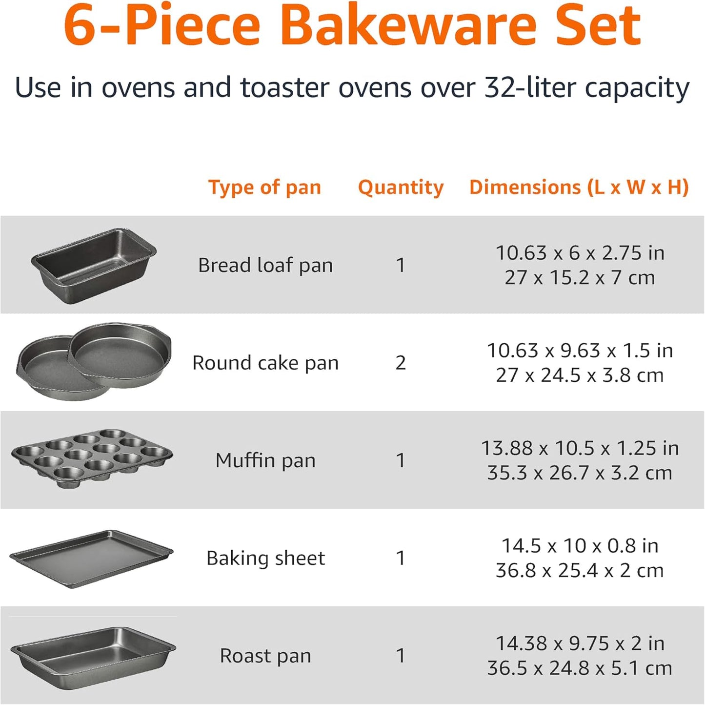 Amazon Basics 6 Piece Nonstick Carbon Steel Bakeware Set with Cake, Muffin, Cookie, and Loaf Pans, Easy Release, Oven Safe, 16.25 x 11.75 x 6.25 inches