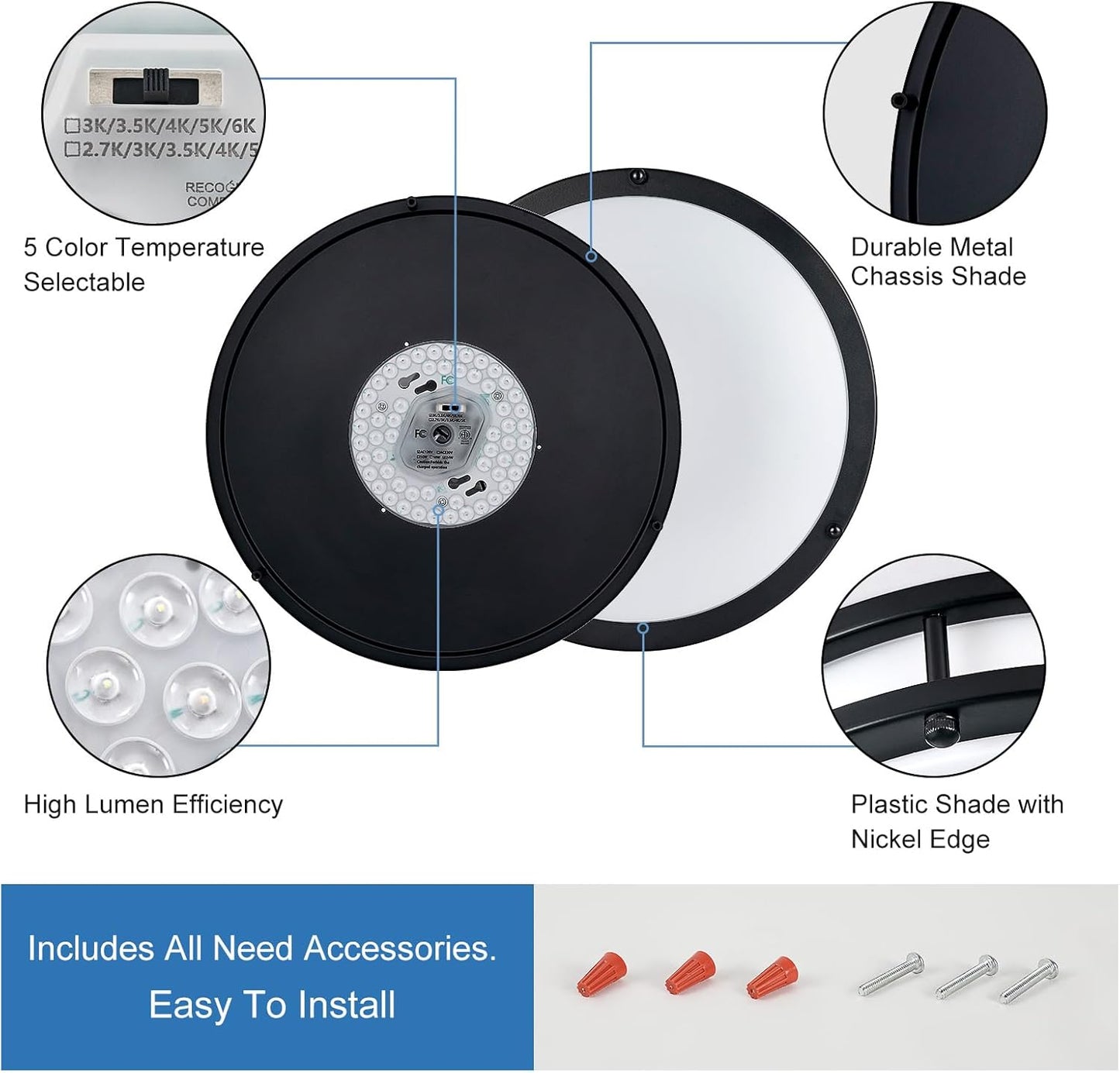 DLLT Flush Mount LED Ceiling Light: 13 Inch 5CCT (3000K-6000K) & Dimmable Ceiling Light Fixtures for Bedroom Hallway - 24W Modern Black Super Bright Kitchen Lighting Fixtures Ceiling
