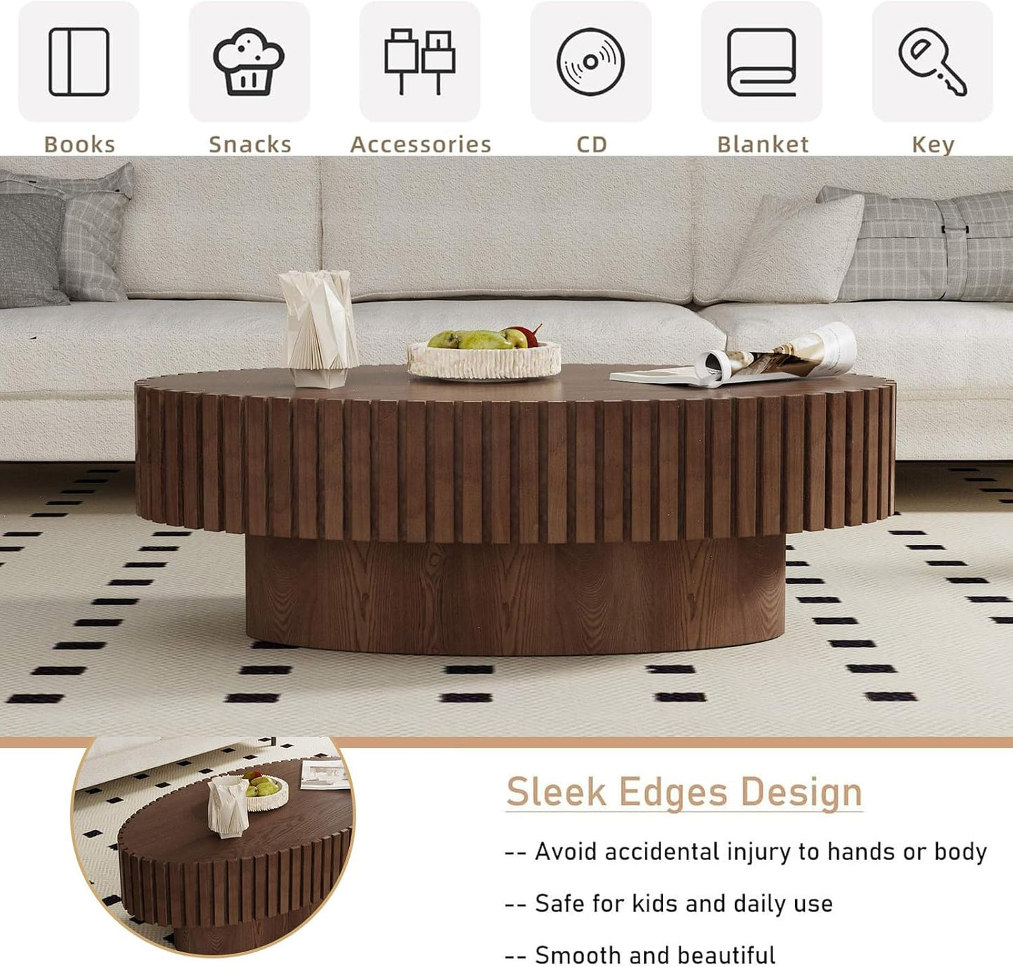 Mid Century Modern Oval Fluted Coffee Table (L) | Handcraft Drum Coffee Table, Sturdy Pedestal, Wood Veneer Top, for Living Room Reception Room Farmhouse