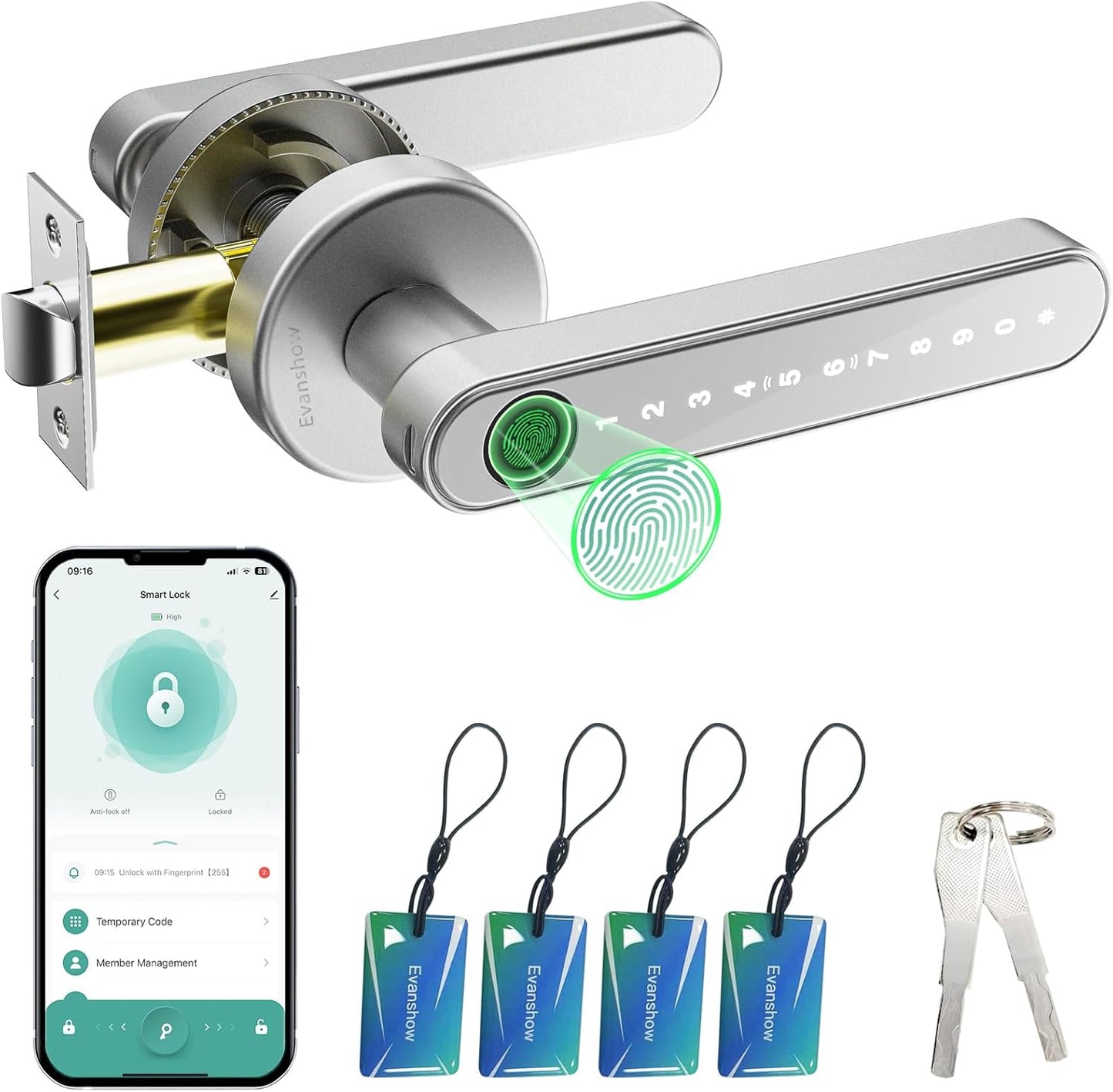 Smart Door Lock with Knob, Keyless Entry Door Locks with Handle, Fingerprint Door Knob for Bedroom/Front Door/Apartment,Generate Passcode Remotely Silver