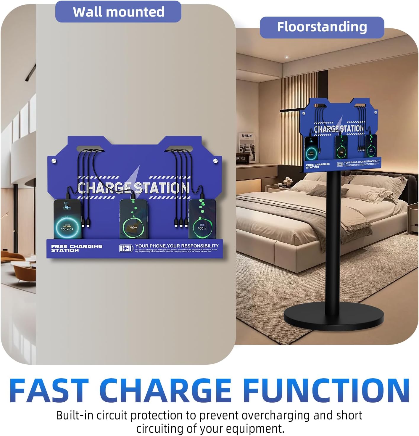 Mechanical Type Wall Mounted Charging Station with 8 PortHigh Speed Cables - Universal Dock for Apple, Type-C & Android Devices, Perfect for Airports, Hotels, Offices, School (Blue)