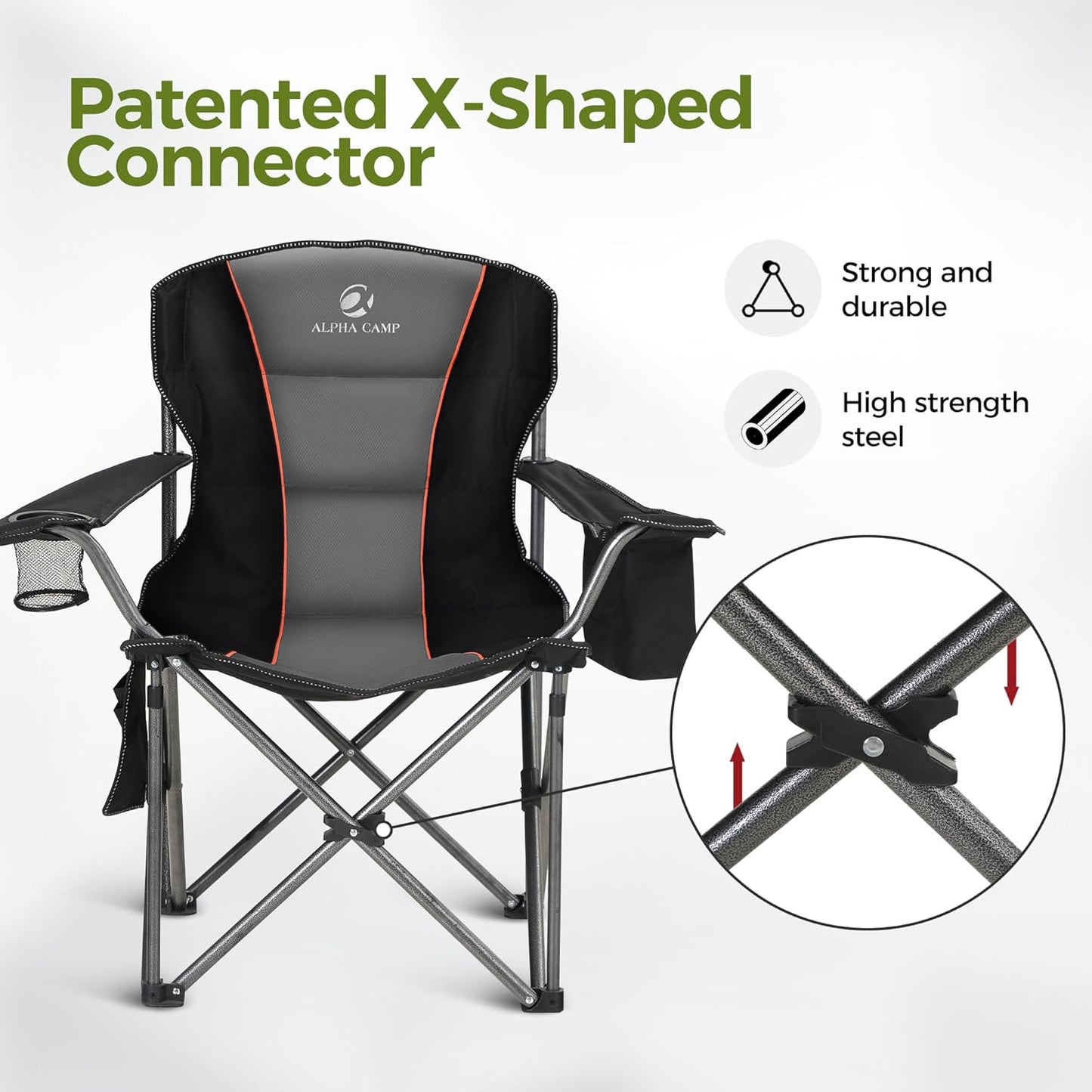 ALPHA CAMP Heavy Duty Camping Chair 500LBS Capacity, Oversized Folding Chair for Heavy People, Padded Portable Outdoor Chair with Cooler Bag & Cup Holder for Camping, Fishing, Beach