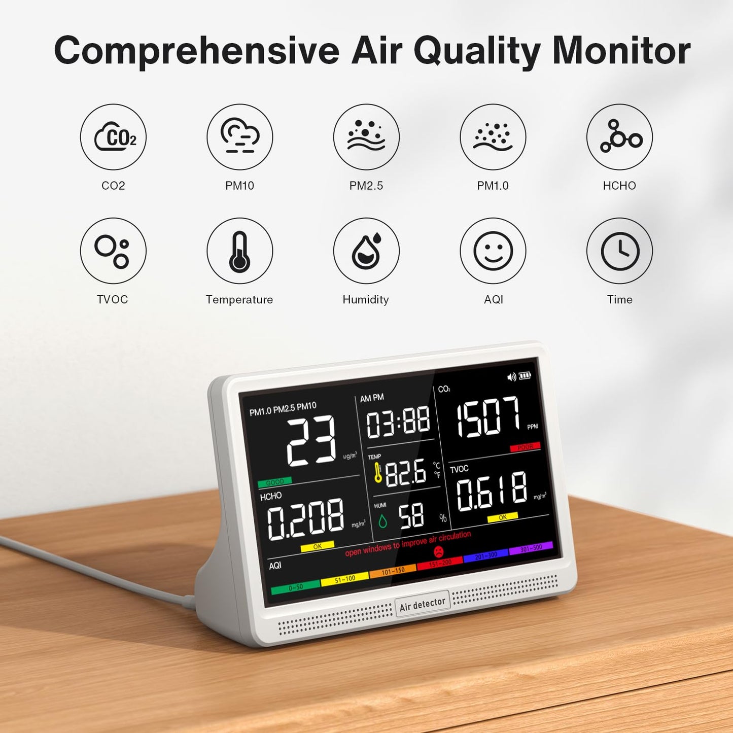 16 in 1 Air Quality Monitor Indoor 7" Large Display 9 AQI+7 Alerts, CO2 Monitor Air Quality Tester for CO2, TVOC, PM2.5 PM1.0 PM10, HCHO Temperature Humidity AQI & Time Air Quality Meter for Home