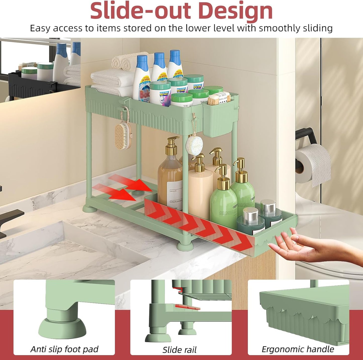 Sevenblue Under Sink Organizer, Bathroom Organizers and Storage, 2 Tier Multi-Use Pull Out Cabinet Organizer with Hang Hooks and Cups (Green, 4 Pack)